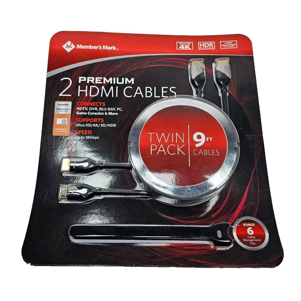 Member's Mark 2-Pack 9ft Premium 4K UHD HDMI Cables w/ Cable Ties NEW SEALED